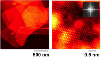 (left) Electron microscopy image showing the morphology of the platelets, which are 500-1000 nm in size. (right) Atomic structure of the layers, which exhibit hexagonal symmetry.